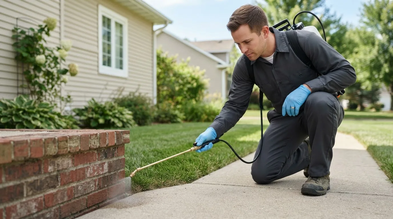 Pest control technician treating a home near Reydon, OK