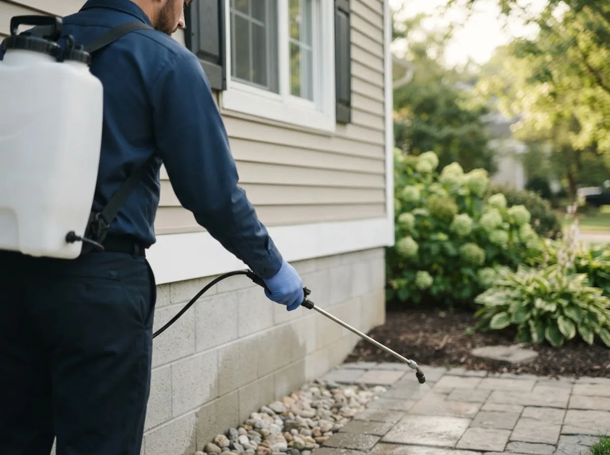 Pest control technician inspecting a home in Reydon, OK